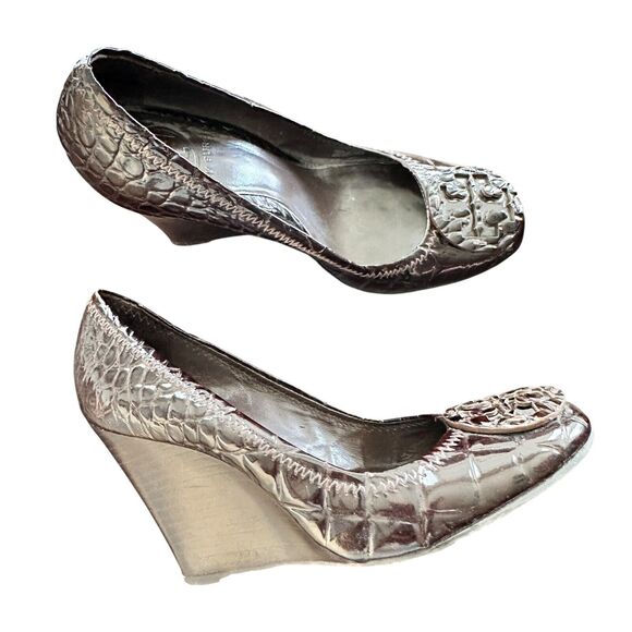TORY BURCH 6.5 M Sophie brown patent leather croc wedge heel  Brazil - Picture 1 of 7